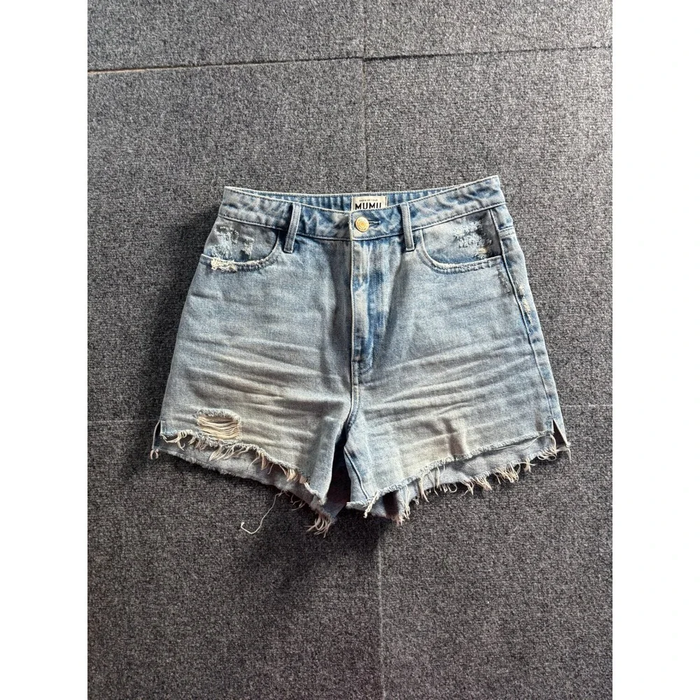 Show‎ Me Your Mumu Denim Shorts Womens 25 Blue Distressed High Waist Frayed Hem